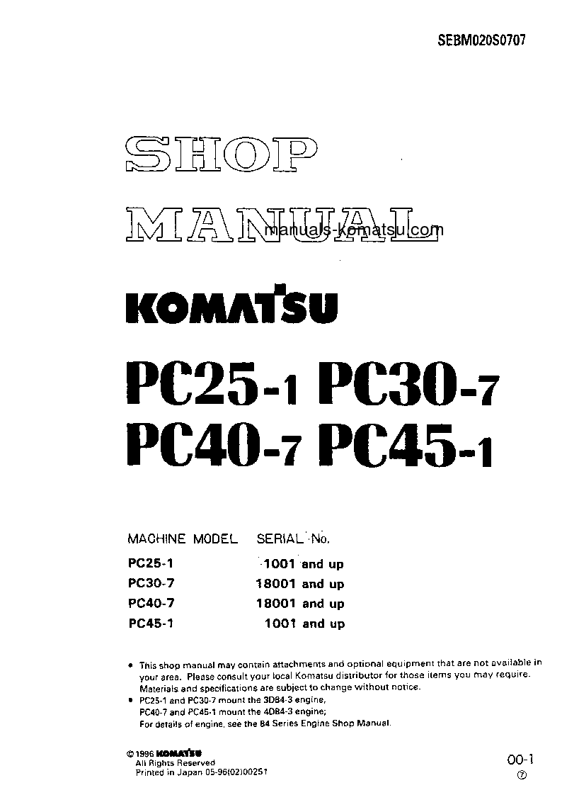 PC25-1(JPN) S/N 1001-UP Shop (repair) manual (English)