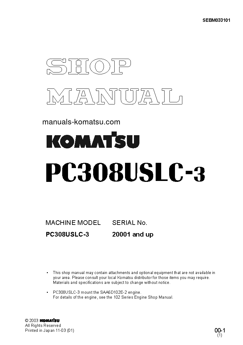 PC308USLC-3(JPN) S/N 20001-UP Shop (repair) manual (English)
