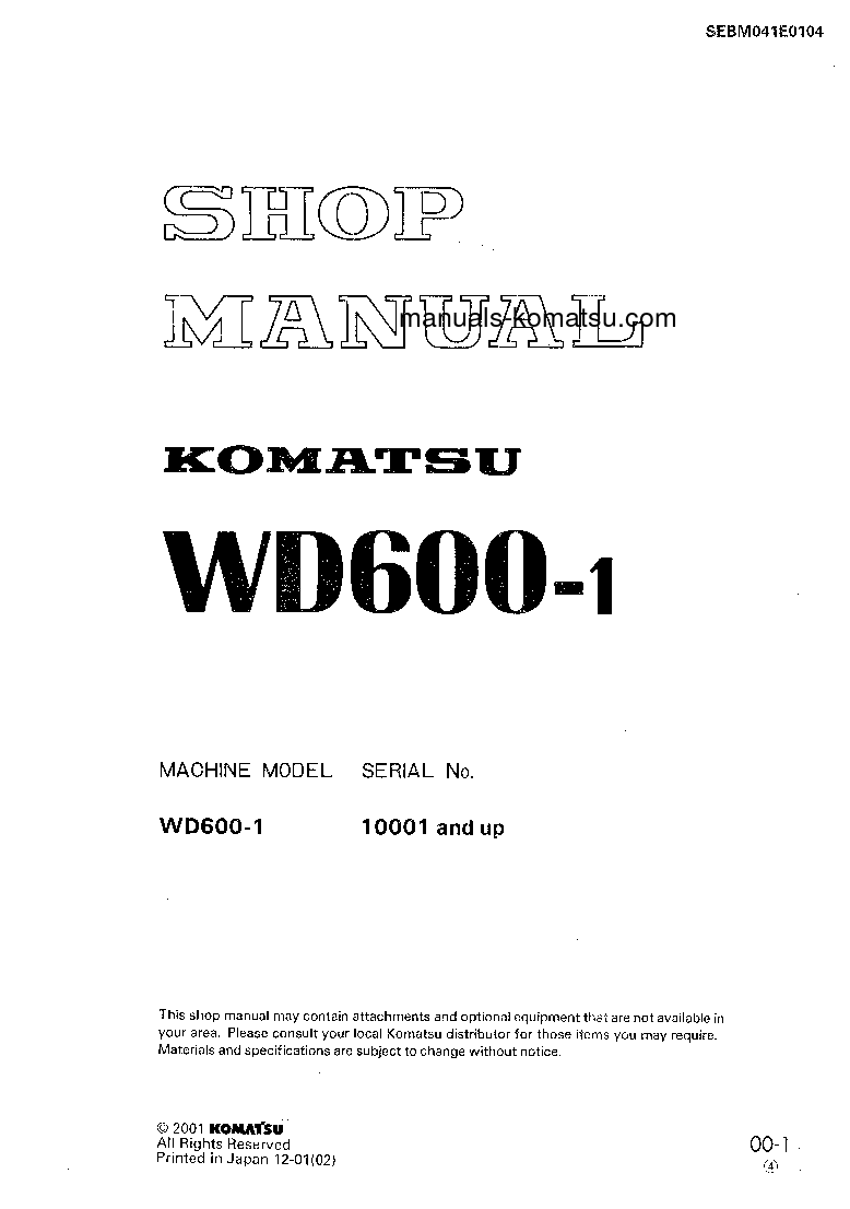 WD600-1(JPN) S/N 10001-UP Shop (repair) manual (English)