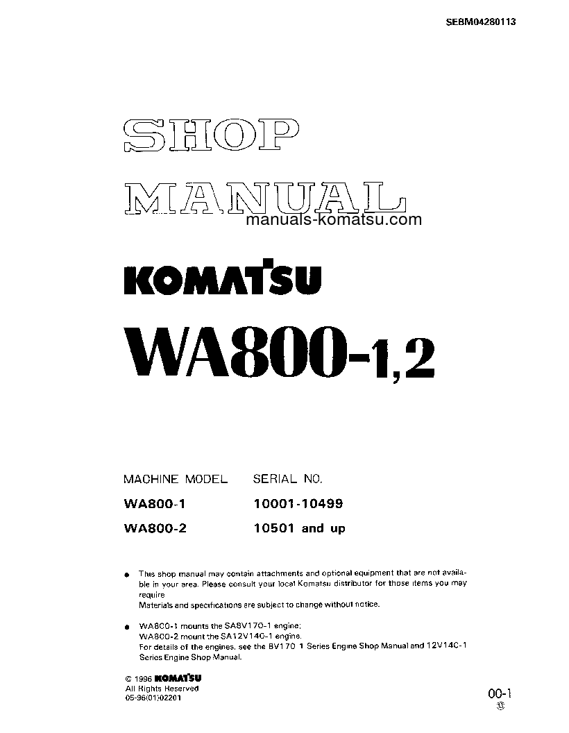 WA800-2(JPN) S/N 10501-UP Shop (repair) manual (English)