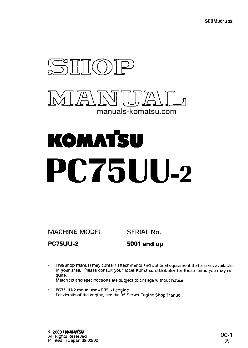PC75UU-2(JPN) S/N 5001-UP Shop (repair) manual (English)