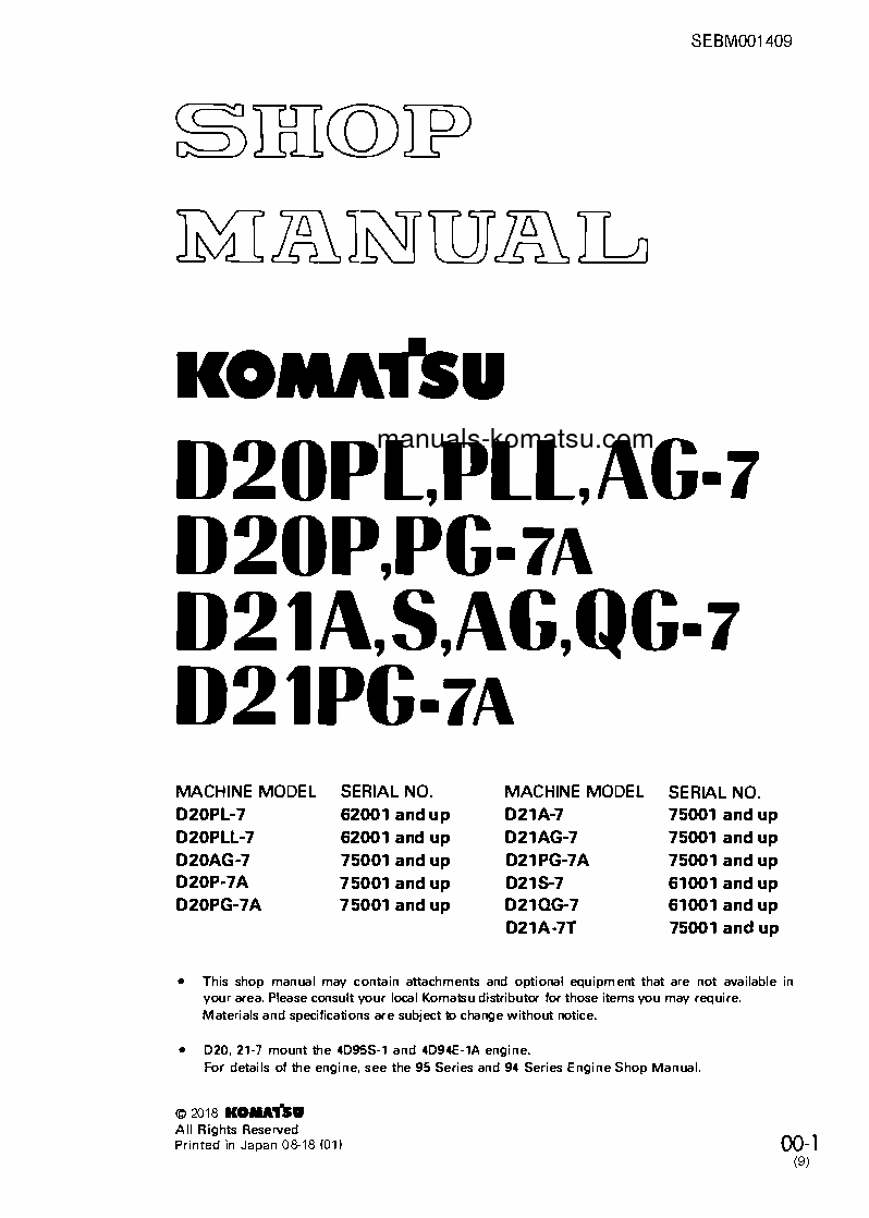 D21P-7(JPN)-TRIMMING DOZER, FOR JAPAN S/N 75001-UP Shop (repair) manual (English)