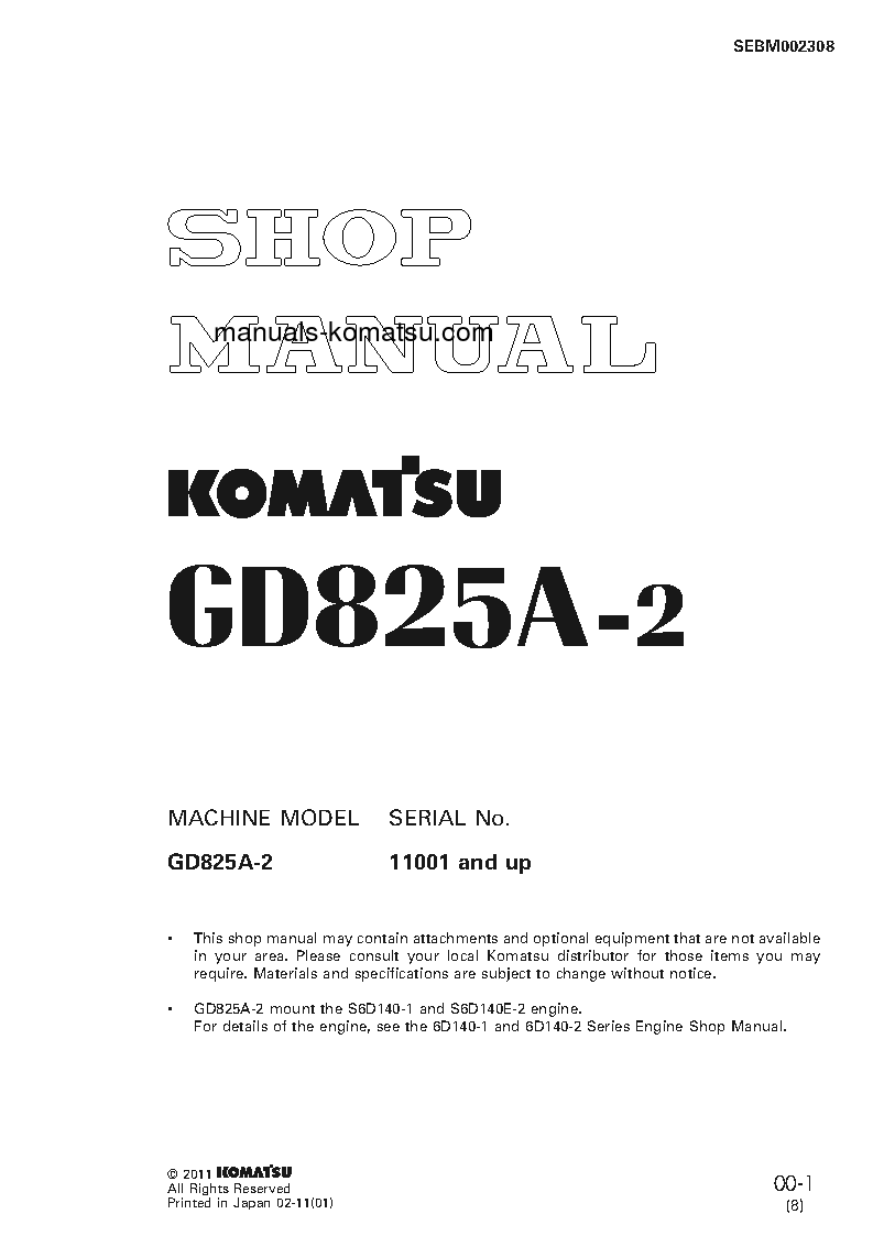 GD825A-2(JPN) S/N 11001-UP Shop (repair) manual (English)