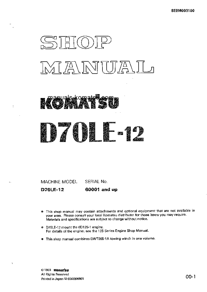 D70LE-12(JPN) S/N 60001-UP Shop (repair) manual (English)