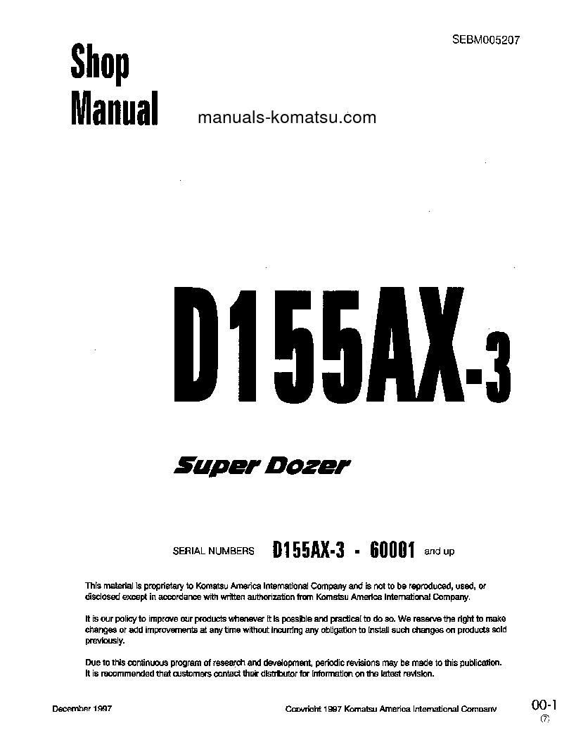 D155AX-3(JPN) S/N 60001-UP Shop (repair) manual (English)