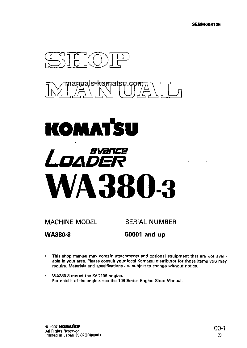 WA380-3(JPN) S/N 10001-UP Shop (repair) manual (English)