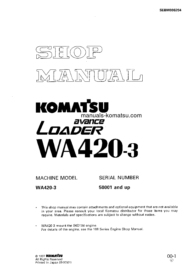 WA420-3(JPN) S/N 50001-UP Shop (repair) manual (English)