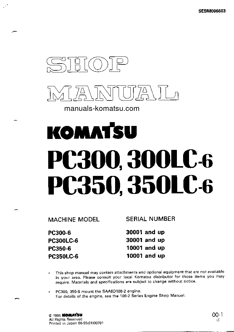 PC350LC-6(JPN) S/N 10001-UP Shop (repair) manual (English)