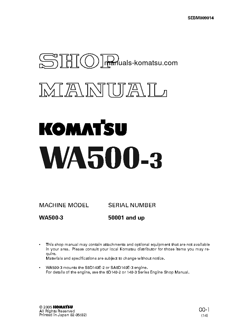 WA500-3(JPN) S/N 50001-UP Shop (repair) manual (English)
