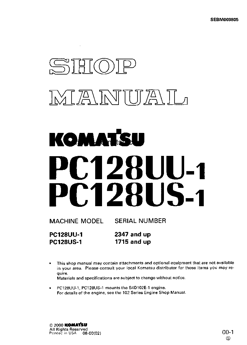 PC128UU-1(JPN) S/N 2347-UP Shop (repair) manual (English)