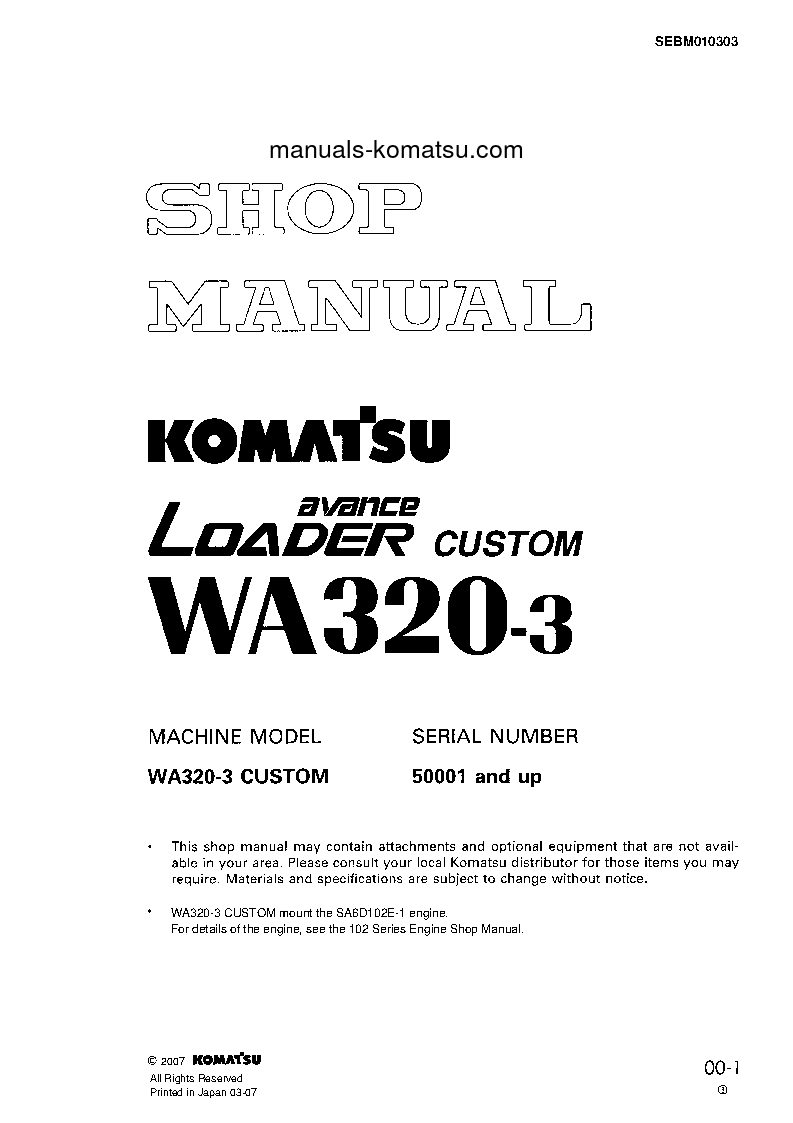 WA320-3(JPN)-FOR CHINA S/N 50001-UP Shop (repair) manual (English)