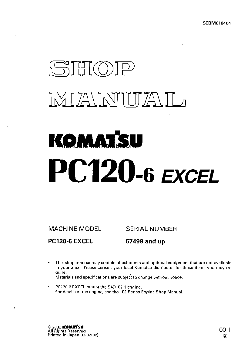PC120-6(JPN)-EXCEL S/N 57499-UP Shop (repair) manual (English)