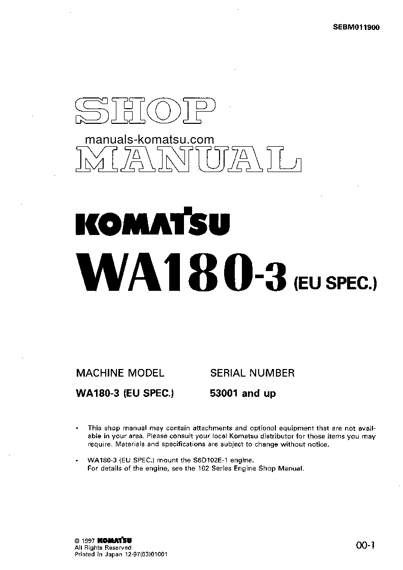 WA180-3(DEU) S/N 53001-UP Shop (repair) manual (English)