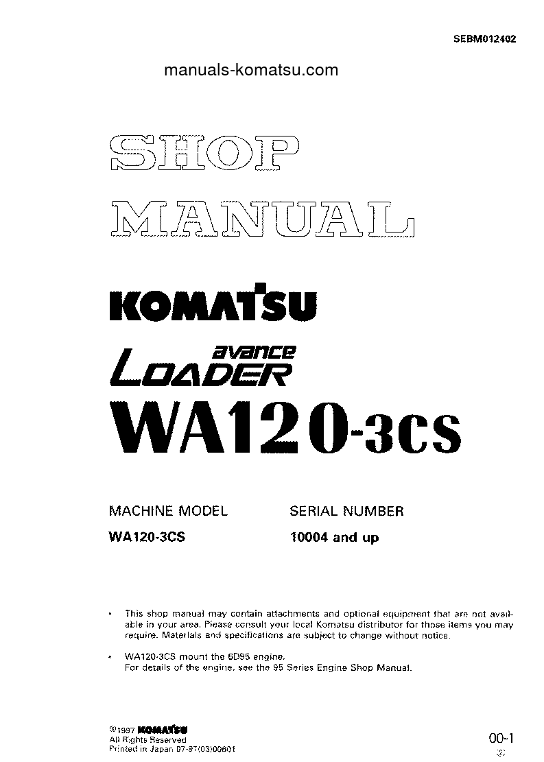 WA120-3(JPN)-FOR INDONESIA S/N 10004-UP Shop (repair) manual (English)