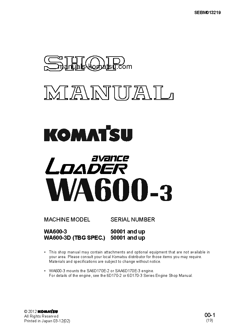 WA600-3(JPN)-EMISSION S/N 50001-UP Shop (repair) manual (English)