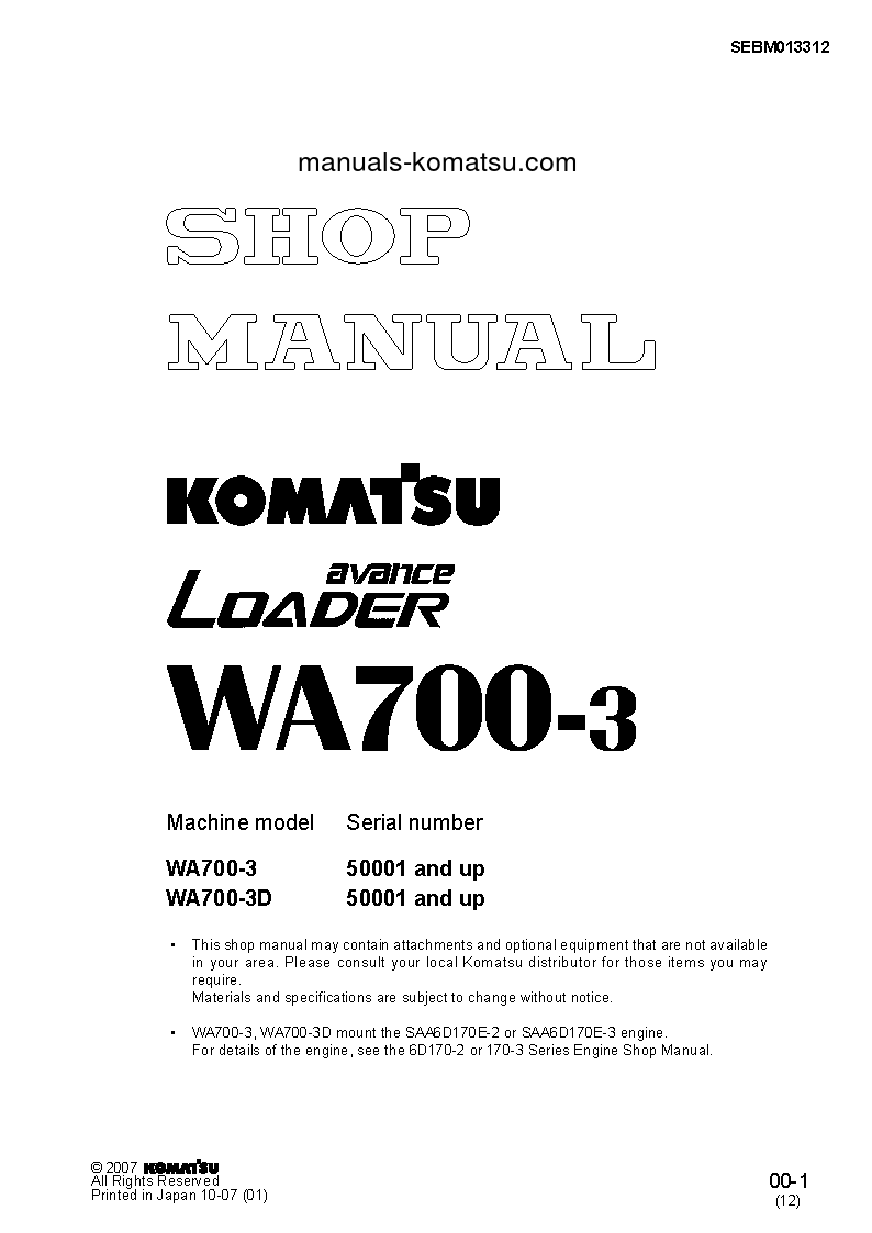 WA700-3(JPN)-TBG S/N 50001-UP Shop (repair) manual (English)