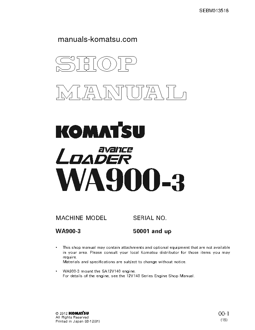 WA900-3(JPN) S/N 50001-UP Shop (repair) manual (English)