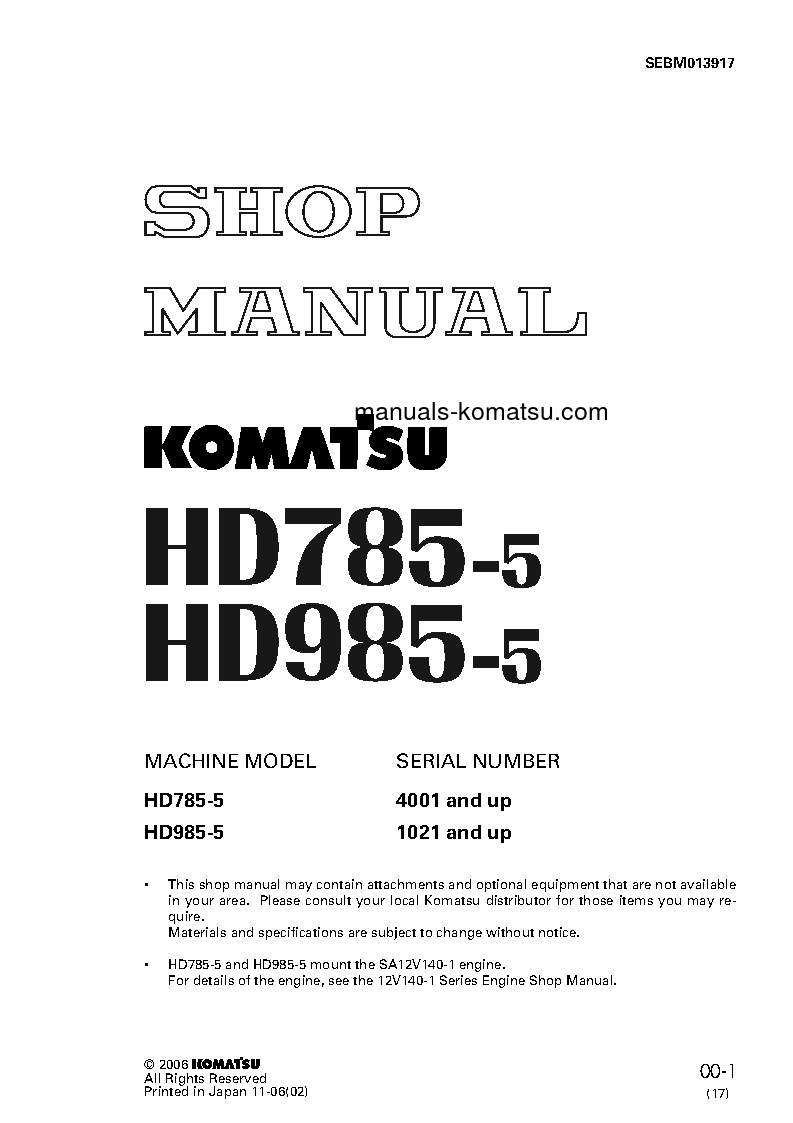 HD785-5(JPN) S/N 4001-UP Shop (repair) manual (English)