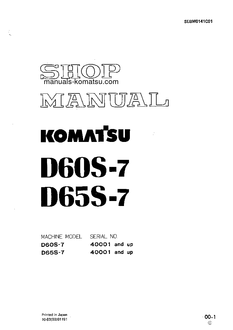 D60S-7(JPN) S/N 40001-UP Shop (repair) manual (English)