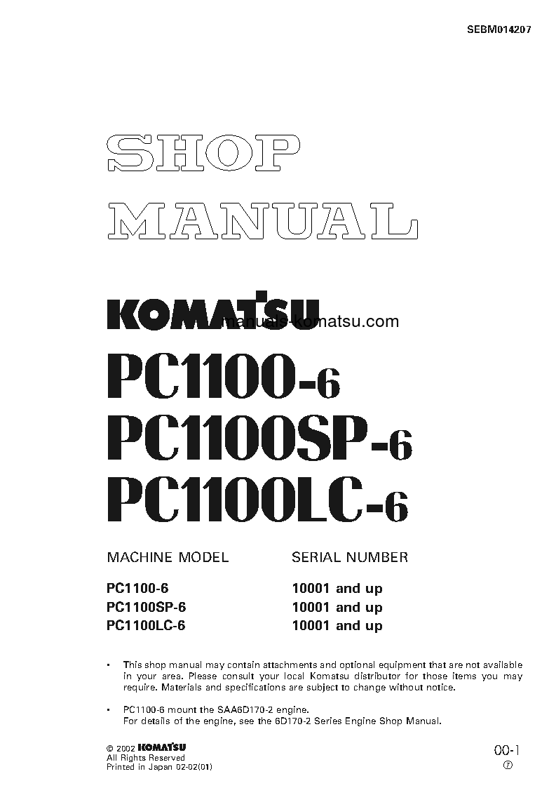 PC1100LC-6(JPN) S/N 10001-UP Shop (repair) manual (English)