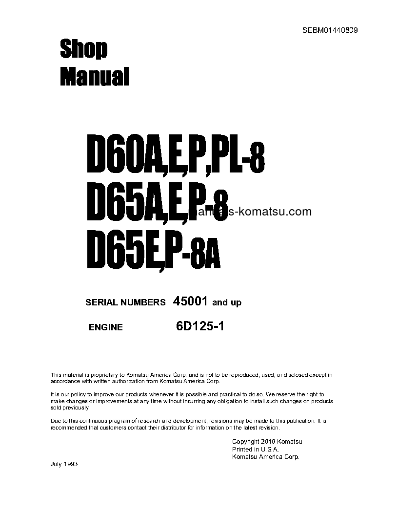 D65P-8(JPN) S/N 45001-UP Shop (repair) manual (English)