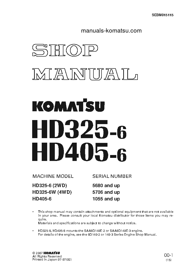 HD325-6(JPN)-4WD S/N 5706-UP Shop (repair) manual (English)