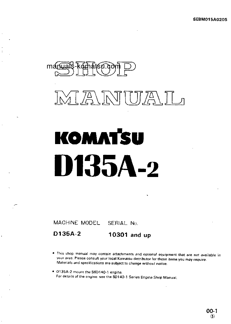 D135A-2(JPN) S/N 10301-UP Shop (repair) manual (English)