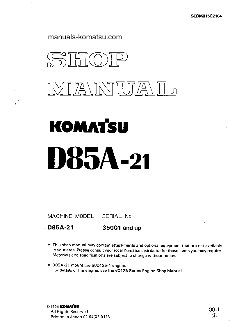 D85A-21(JPN)-B S/N 35001-UP Shop (repair) manual (English)