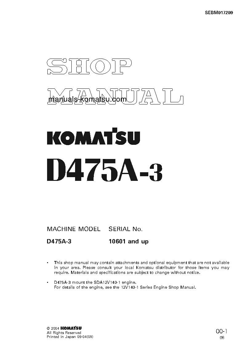 D475A-3(JPN) S/N 10601-UP Shop (repair) manual (English)