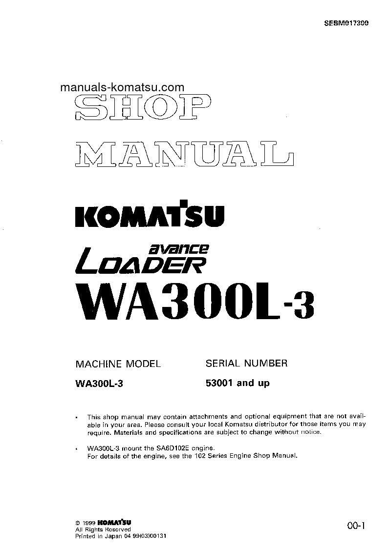 WA300L-3(JPN) S/N 53001-UP Shop (repair) manual (English)