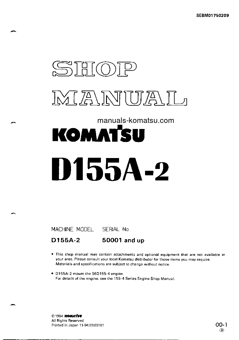 D155A-2(JPN) S/N 50001-57000 Shop (repair) manual (English)