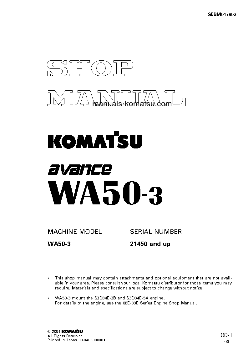 WA50-3(JPN)-FOR N. AMERICA S/N 21450-UP Shop (repair) manual (English)