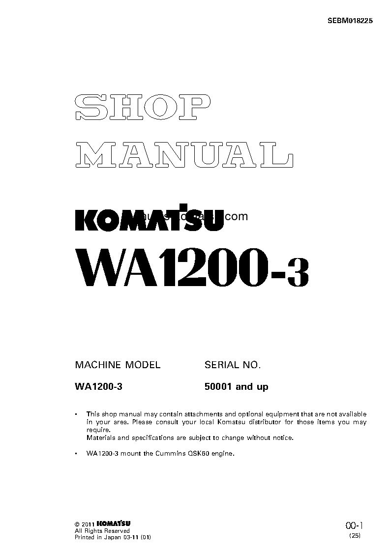 WA1200-3(JPN) S/N 50001-UP Shop (repair) manual (English)