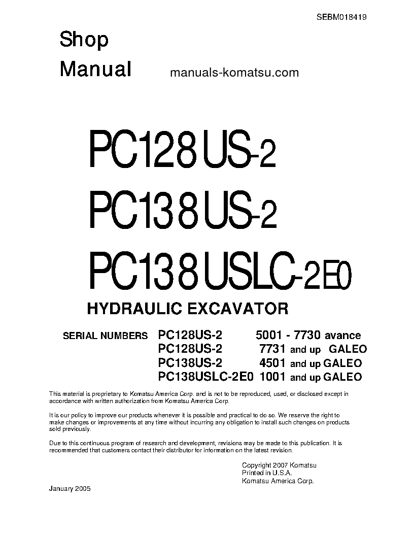 PC138USLC-2(JPN) S/N 1001-UP Shop (repair) manual (English)