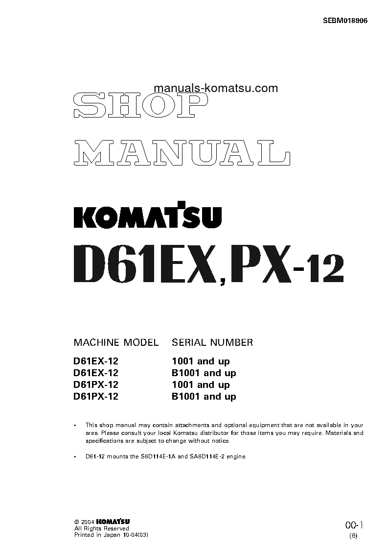 D61PX-12(JPN) S/N 1001-UP Shop (repair) manual (English)