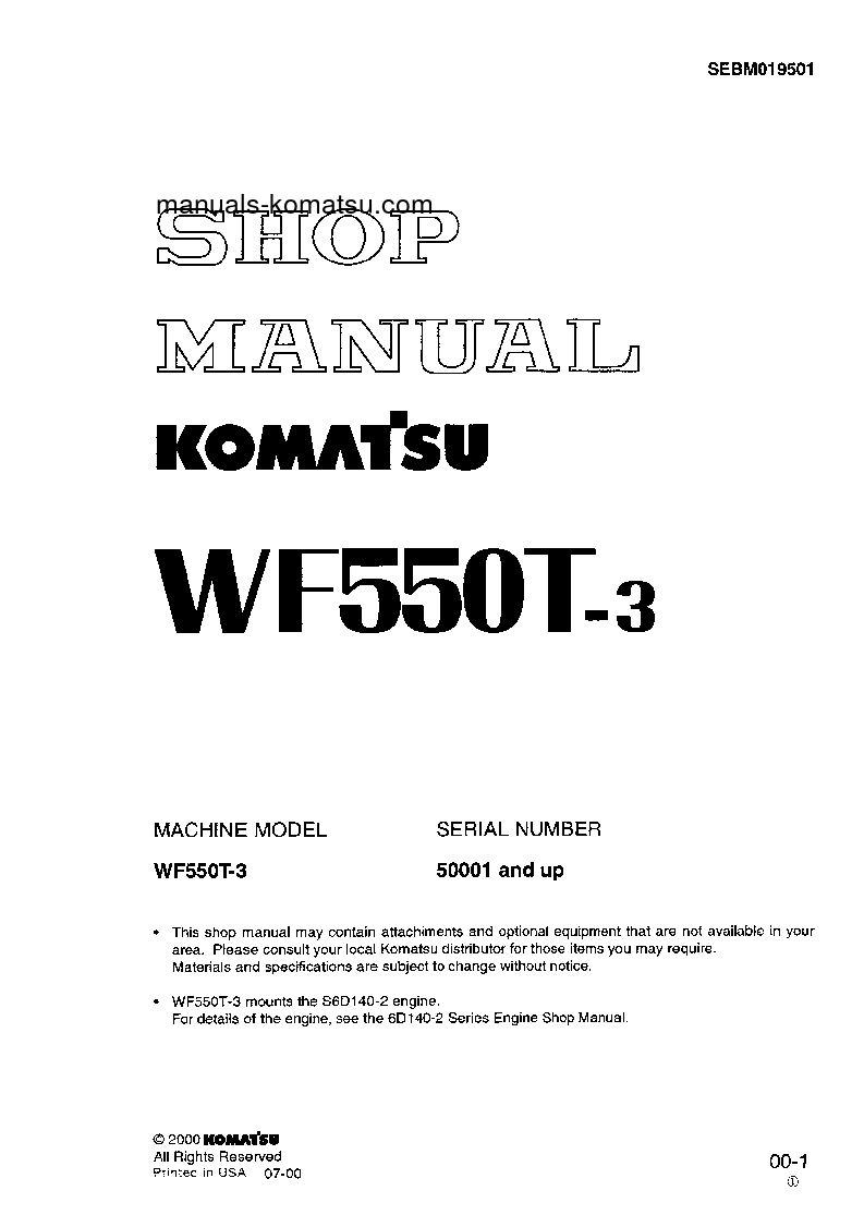 WF550T-3(JPN) S/N 50001-UP Shop (repair) manual (English)