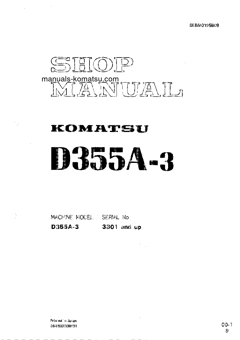 D355A-3(JPN)-X S/N 3301-UP Shop (repair) manual (English)