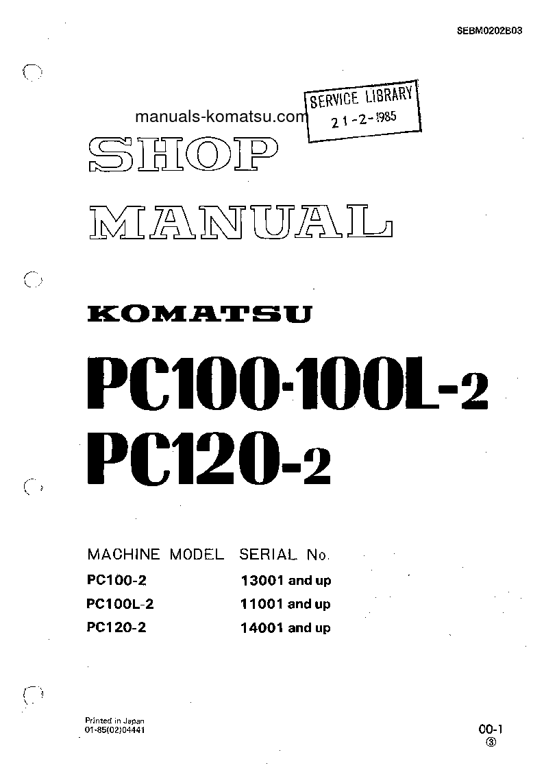 PC100L-2(JPN) S/N 11001-UP Shop (repair) manual (English)