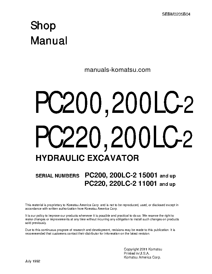PC200LC-2(JPN) S/N 15001-UP Shop (repair) manual (English)