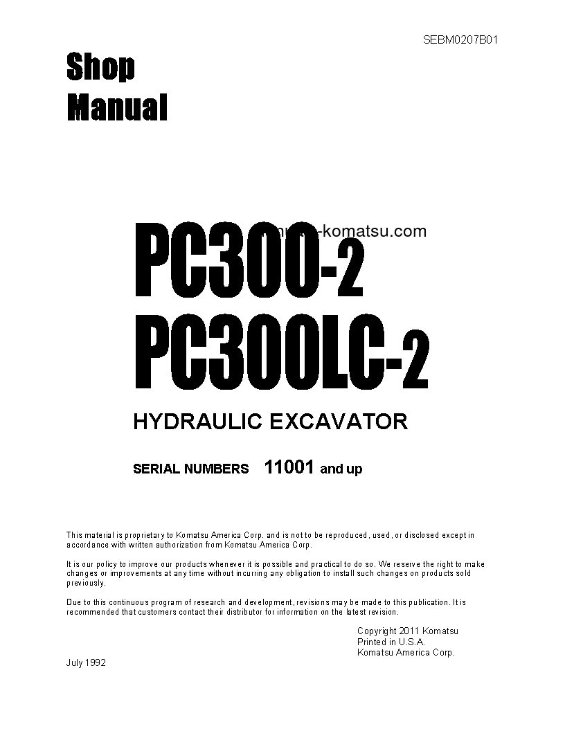 PC300LC-2(JPN) S/N 11001-UP Shop (repair) manual (English)