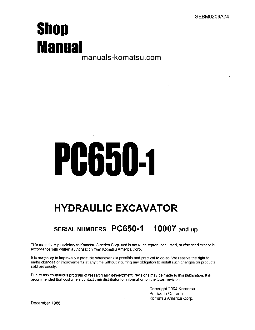 PC650-1(JPN) S/N 10007-UP Shop (repair) manual (English)