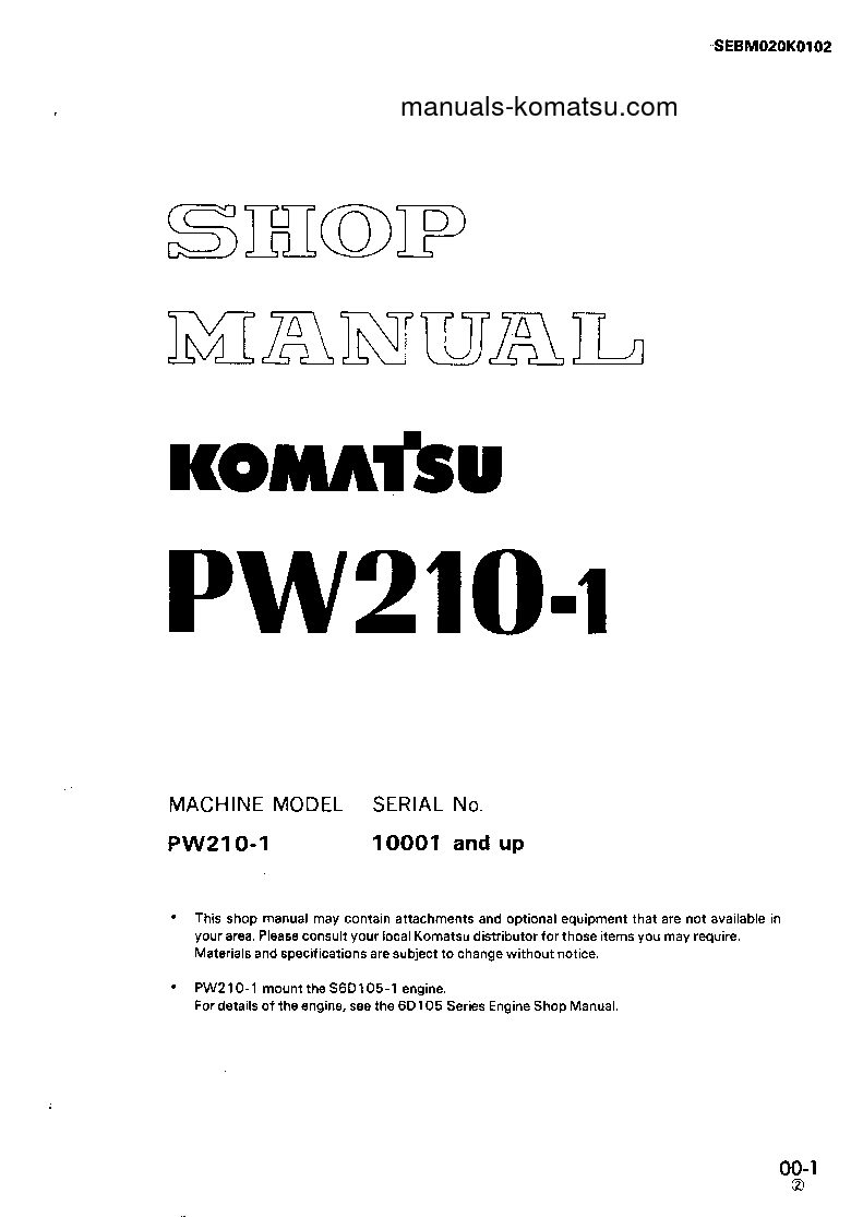 PW210-1(JPN) S/N 10001-UP Shop (repair) manual (English)