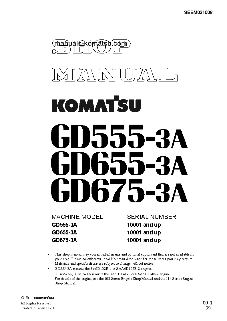 GD675-3(JPN)-A S/N 11001-UP Shop (repair) manual (English)
