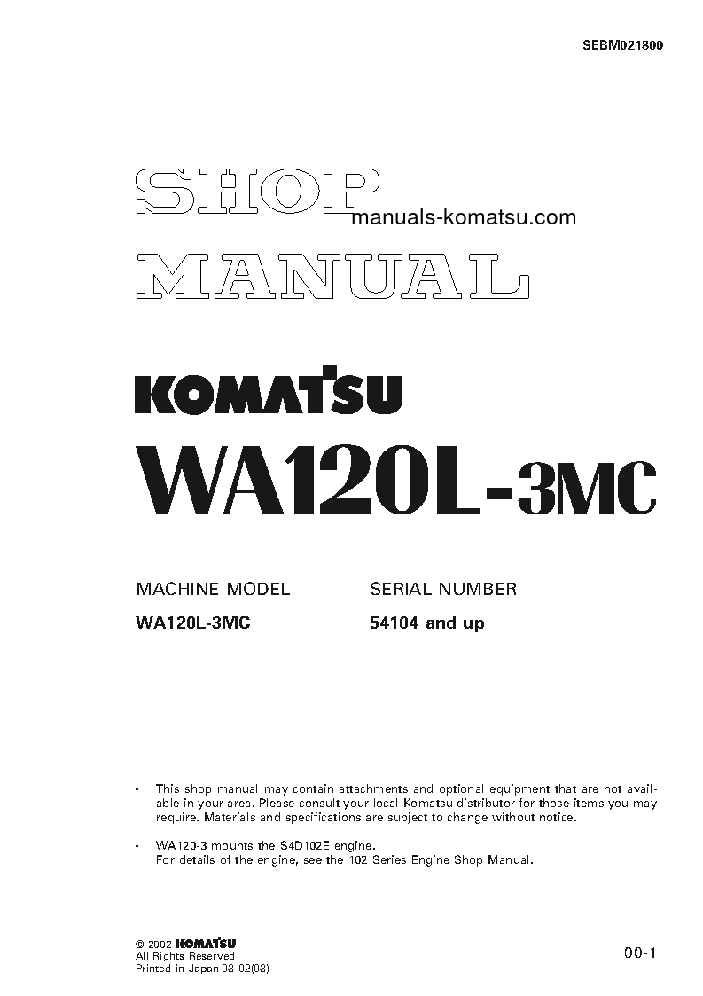 WA120L-3(JPN) S/N 54104-UP Shop (repair) manual (English)