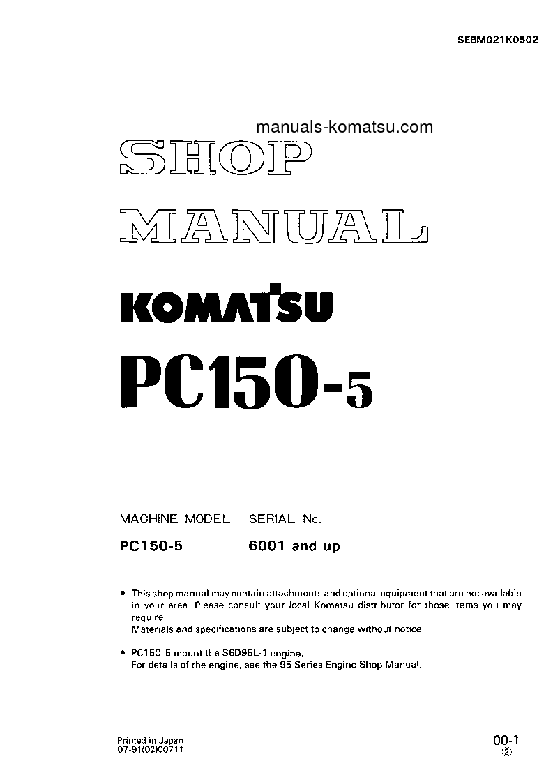 PC150-5(JPN) S/N 6001-UP Shop (repair) manual (English)