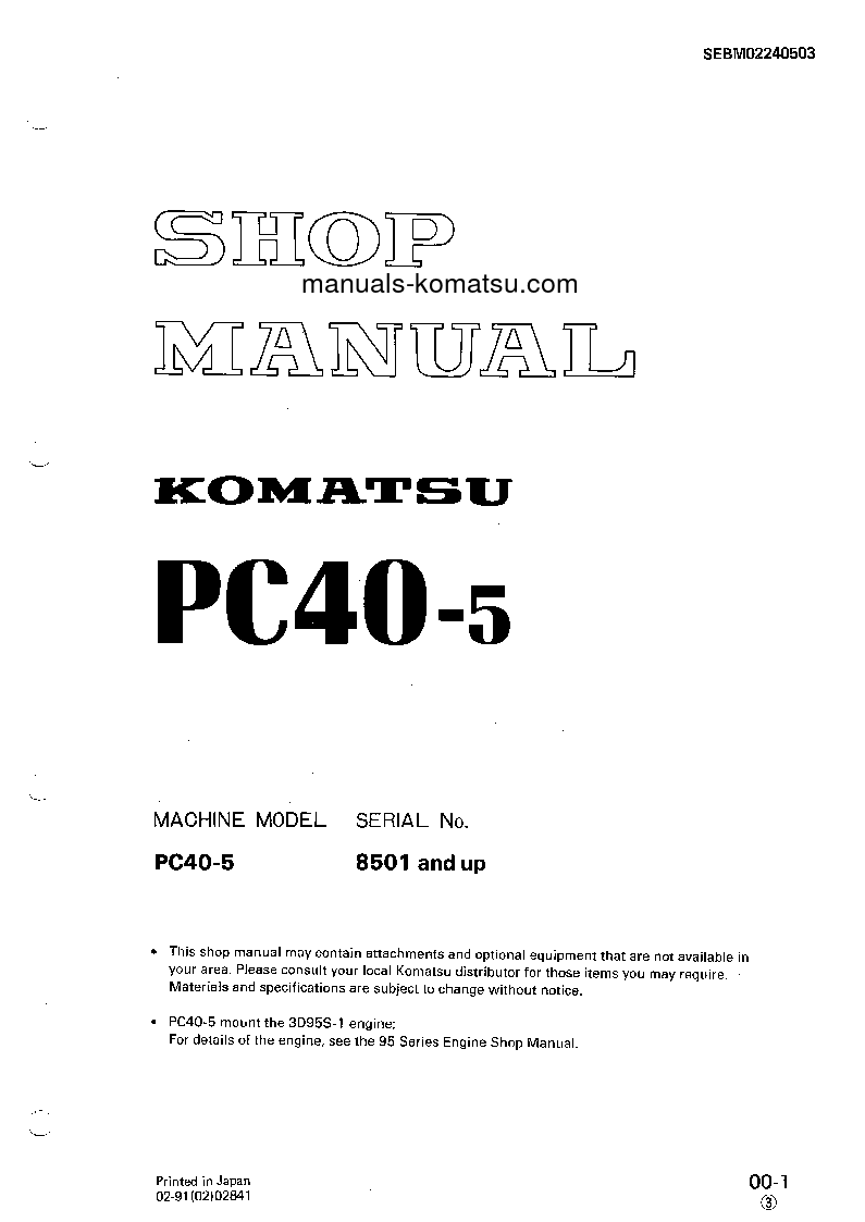 PC40-5(JPN) S/N 8501-UP Shop (repair) manual (English)