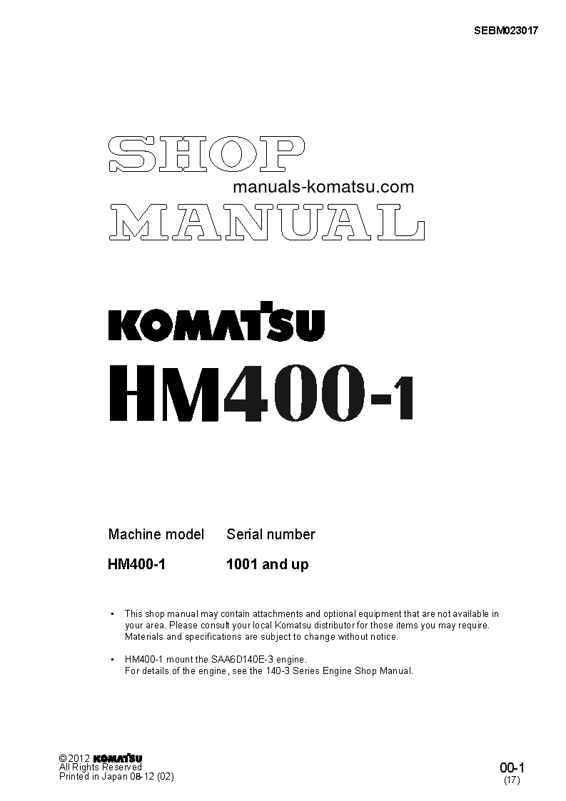 HM400-1(JPN) S/N 1001-UP Shop (repair) manual (English)