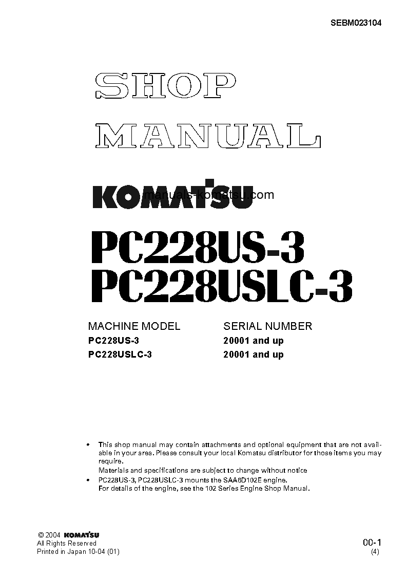 PC228USLC-3(JPN) S/N 20001-30000 Shop (repair) manual (English)