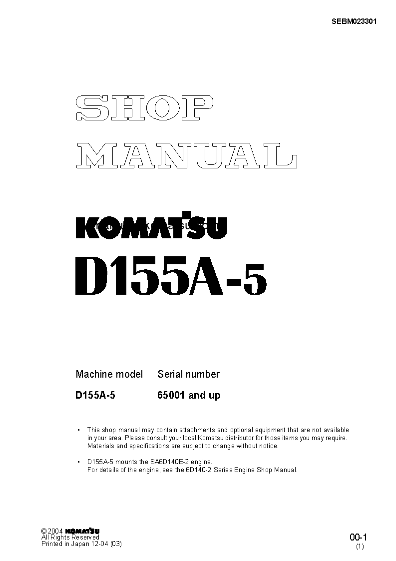 D155A-5(JPN) S/N 65001-UP Shop (repair) manual (English)
