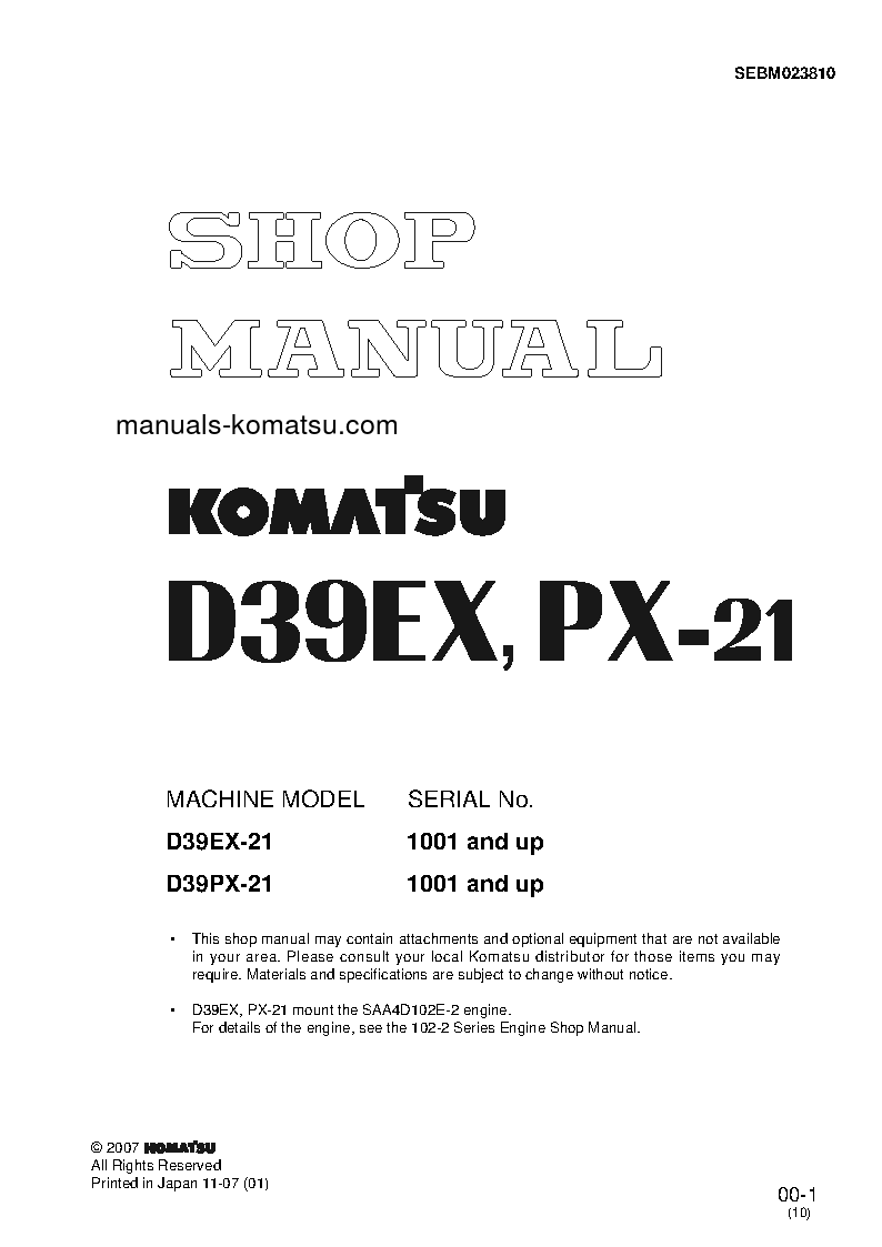 D39PX-21(JPN) S/N 1001-1500 Shop (repair) manual (English)
